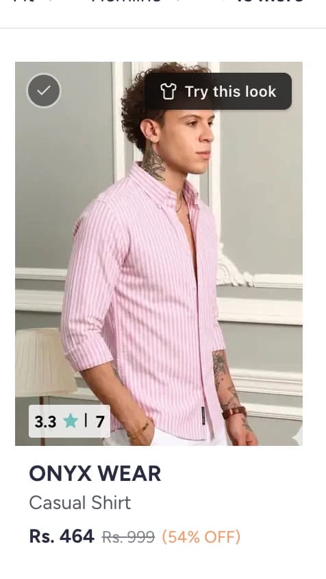 One product card on the retailer's own page — Try this look in the top-right, tick in the top-left