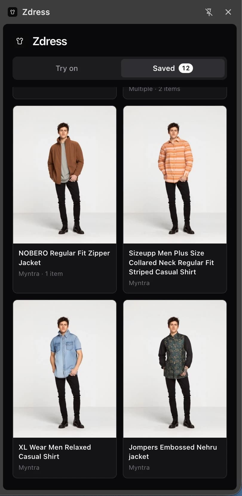 Saved tab — twelve looks, mixed retailers, filed into collections