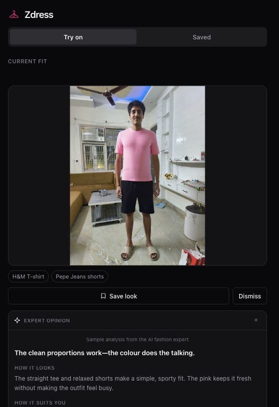 Actual Z-dress side panel — a generated try-on with the AI expert analysis opening below it