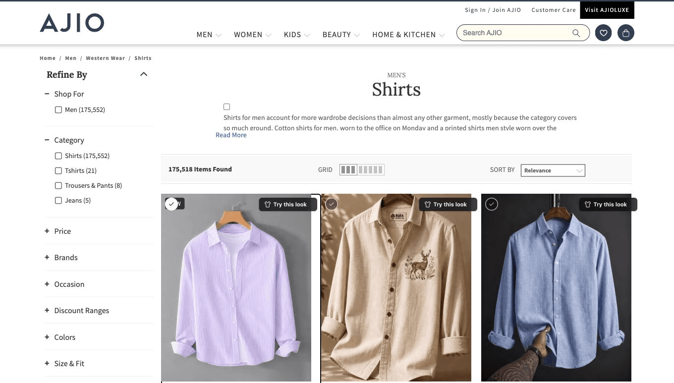A row of product cards as the store ships them, each carrying its own Try this look button in the top-right