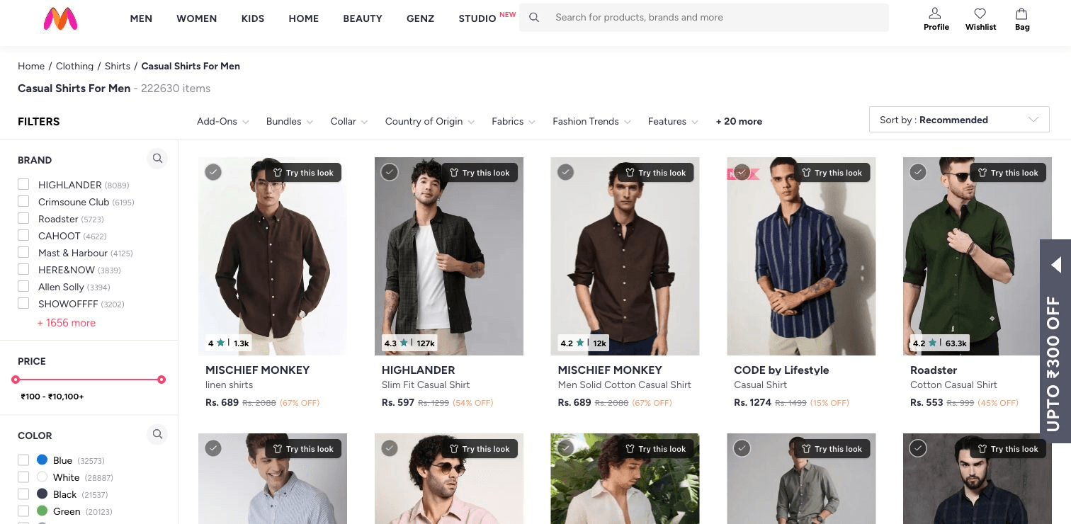 A Myntra grid mid-scroll — every card carrying its own Try this look button in the top-right