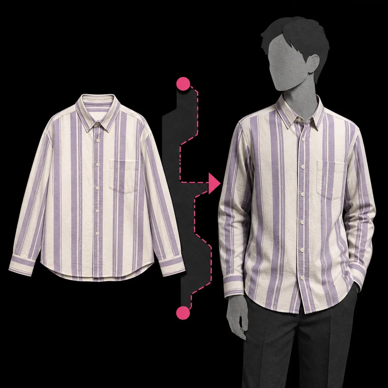The same striped shirt preserved from source garment to fitted result